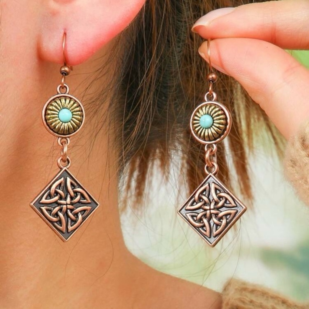 Southwest Style Turquoise Boho Diamond Earrings - Picture 2 of 2